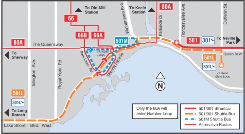 The TTC will be replacing 501 Queen streetcar service west of Roncesvalles Avenue with buses due to construction.