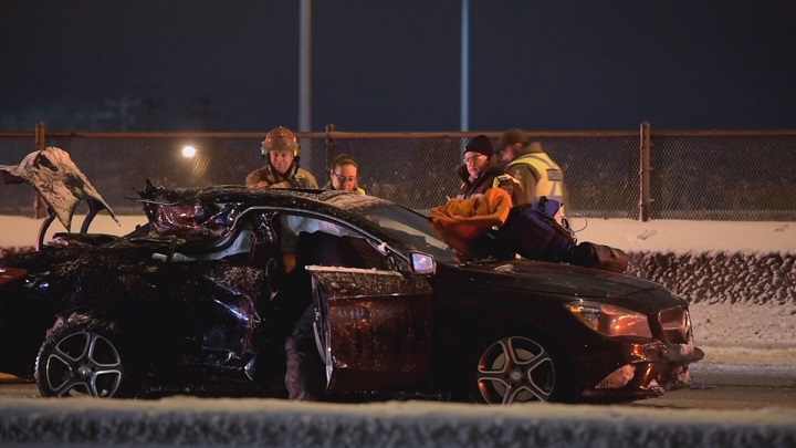 A 37-year-old man is in critical condition after his car it a snowplow on  Highway 40 in Montreal. Thursday, Jan. 4, 2016.