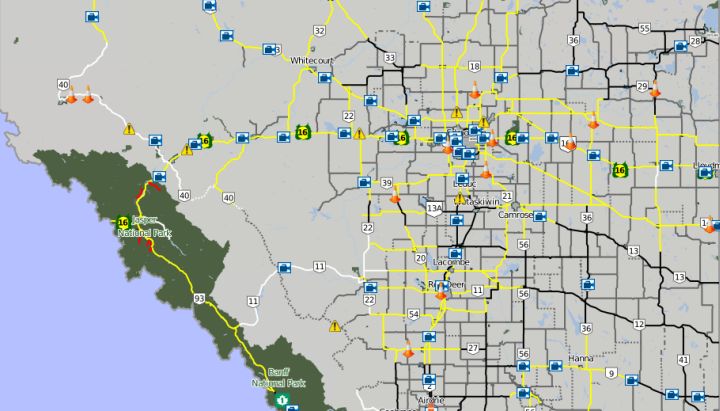 A map showing road conditions in central Alberta at around 4:30 p.m. on Jan. 5, 2017.
