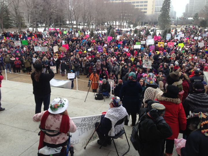 Hundreds of people turned up at the Alberta legislature on Jan. 21, 2017 to show solidarity with protesters at the Women's March on Washington.