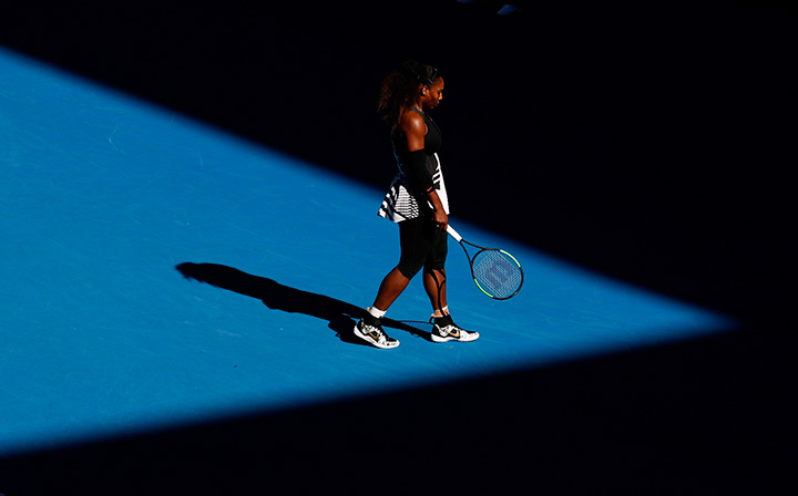 Serena Williams walks to the back of the court during her semifinal against Croatia's Mirjana Lucic-Baroni at the Australian Open tennis championships in Melbourne, Australia, Thursday, Jan. 26, 2017. 