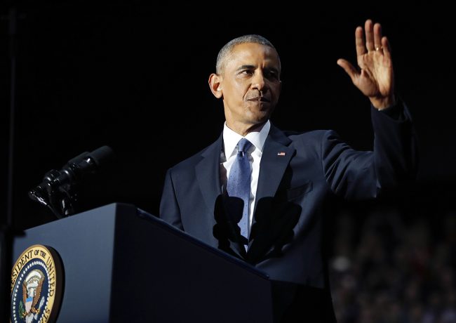 President Barack Obama waves as he speaks during his farewell address at McCormick Place in Chicago, Tuesday, Jan. 10, 2017. 