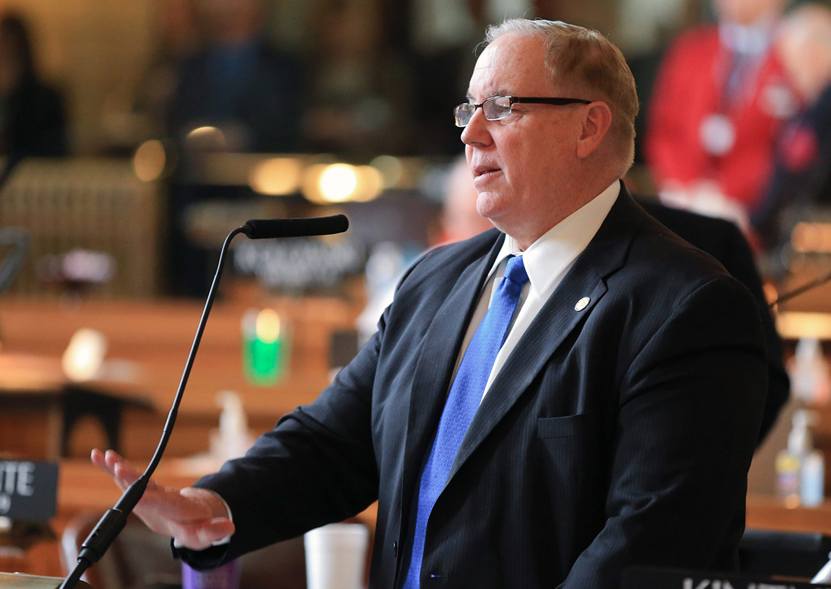 Nebraska state Sen. Bill Kintner of Papillion, speaks during debate in Lincoln, Neb. Kintner, who had cybersex with a woman on a state computer, is facing criticism again for a retweet Sunday, Jan. 22, 2017, suggesting that demonstrators at a women's march weren't attractive enough to be sexually assaulted.