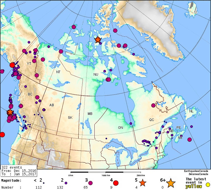 A map showing all the earthquakes to strike Canada over a month-long period – Dec. 15, 2016 to Jan. 15, 2017. Natural Resources Canada