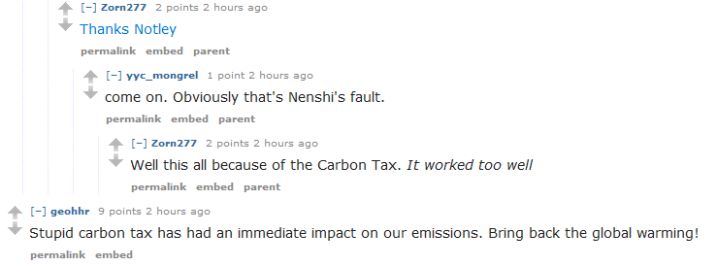 Redditors poke fun at the new carbon tax in a Global Calgary weather thread.
