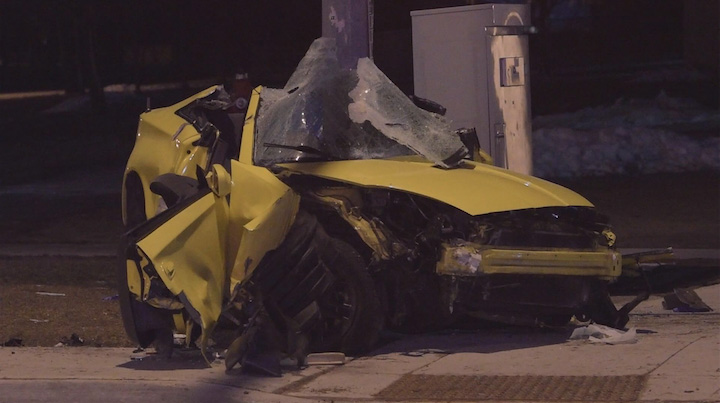 A 25-year-old Brampton man has been charged after a vehicle allegedly involved in a street race left the road and crashed into a pole.