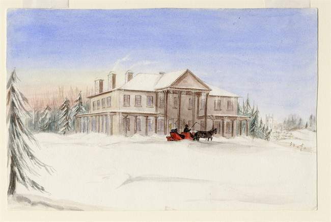 A watercolour painting by Caroline Louisa Daly, "Government House In Winter With Sleigh, c. 1854-59, watercolour on paper" is shown in this undated handout photo. For decades, her creations have been wrongly attributed to male artists‚ but after a two-year investigation of her work, the daughter of a former Prince Edward Island lieutenant governor is finally getting credit long overdue.