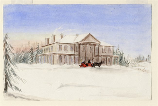 A watercolour painting by Caroline Louisa Daly, "Government House In Winter With Sleigh, c. 1854-59, watercolour on paper" is shown in this undated handout photo. For decades, her creations have been wrongly attributed to male artists‚ but after a two-year investigation of her work, the daughter of a former Prince Edward Island lieutenant governor is finally getting credit long overdue.