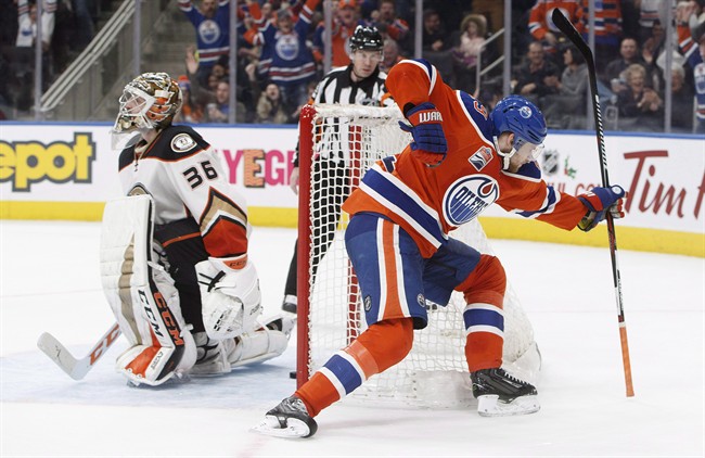 Edmonton Oilers' Leon Draisaitl (29) celebrates a goal against the Anaheim Ducks goalie John Gibson (36) during extra time NHL action in Edmonton, Alta., on Saturday, December 3, 2016. Draisaitl couldn't get enough of the National Hockey League when he first came to North America.