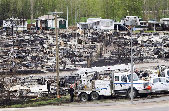 A trailer park damaged by the wildfires is seen in Fort McMurray, Alta., in a May 9, 2016 file photo. 