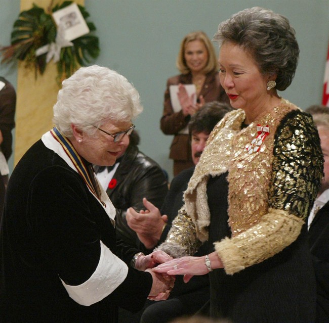 Actor, director and playwright Joy Coghill-Thorne is presented with the Governor General's Performing Arts award by Gov. Gen. Adrienne Clarkson during a ceremony at Rideau Hall in Ottawa Friday November 1, 2002. The acclaimed Canadian actor, director and playwright has died at age 90.