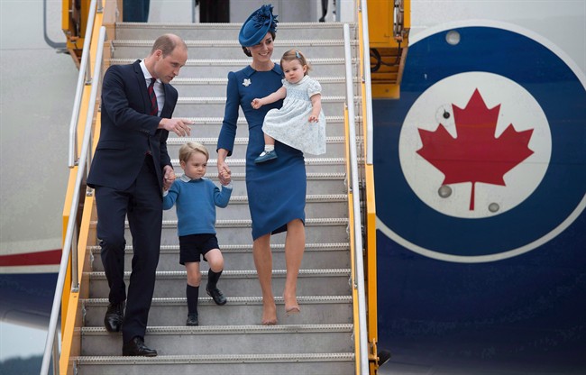 The Duke and Duchess of Cambridge and their children Prince George and Princess Charlotte arrive in Victoria, B.C., on Saturday, September 24, 2016. The RCMP says it spent about $2 million on policing costs during last year's eight-day visit to British Columbia and Yukon by the Duke and Duchess of Cambridge and their two young children.