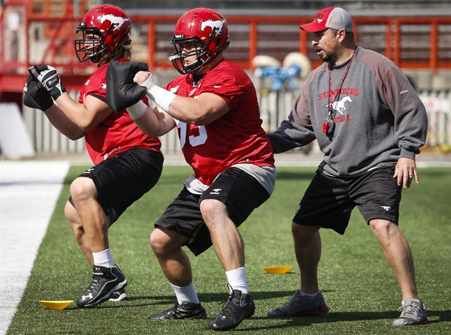 Calgary Stampeders' Pierre Lavertu, centre, and Joe Circelli, left, take part in a drill during the first day of training camp in Calgary on June 1, 2014. Canadian offensive lineman Pierre Lavertu has re-signed with the Calgary Stampeders.The 26-year-old from Quebec City was going to be eligible for free agency in February. 