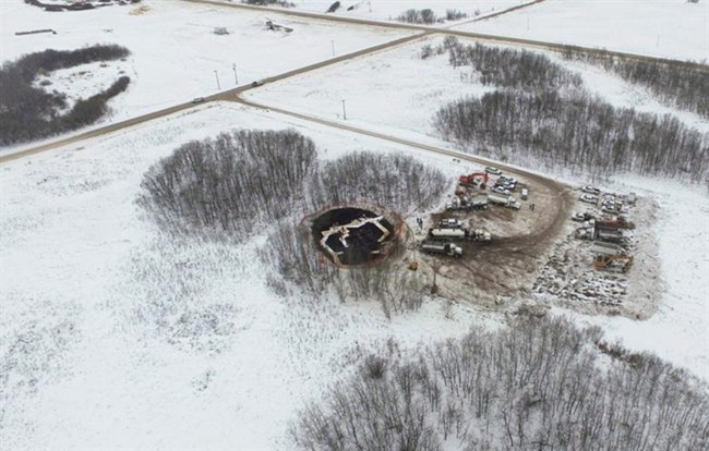 An aerial view of an oil pipeline spill is seen in a handout photo near Stoughton, Saskatchewan, on January 23, 2017. Clint Big Eagle says the whiff of oil permeated the frigid Saskatchewan air for about a week and a half before he decided to pull over and investigate.