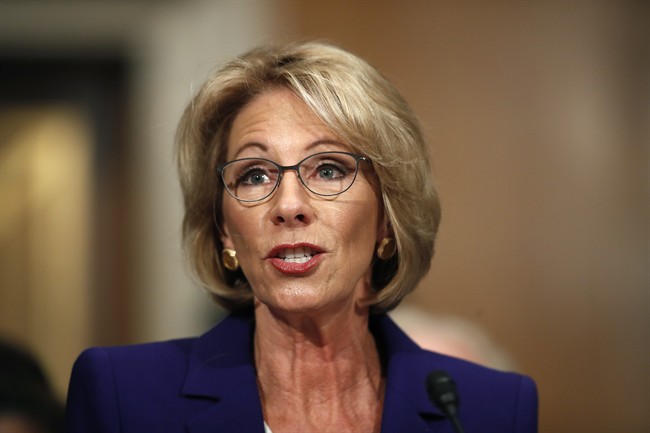Education Secretary-designate Betsy DeVos testifies on Capitol Hill in Washington, Tuesday, Jan. 17, 2017, at her confirmation hearing before the Senate Health, Education, Labor and Pensions Committee.