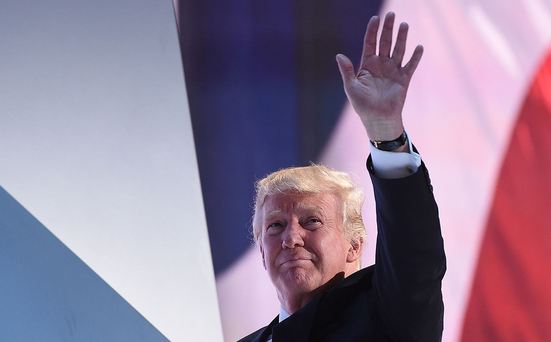 Donald Trump waves as he leaves the stage during the Republican National Convention at the Quicken Loans Arena in Cleveland, Ohio on July 20, 2016. 