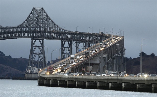 In this Aug. 29, 2013 file photo, traffic slows in the morning commute over the Richmond-San Rafael Bridge in San Rafael, Calif.