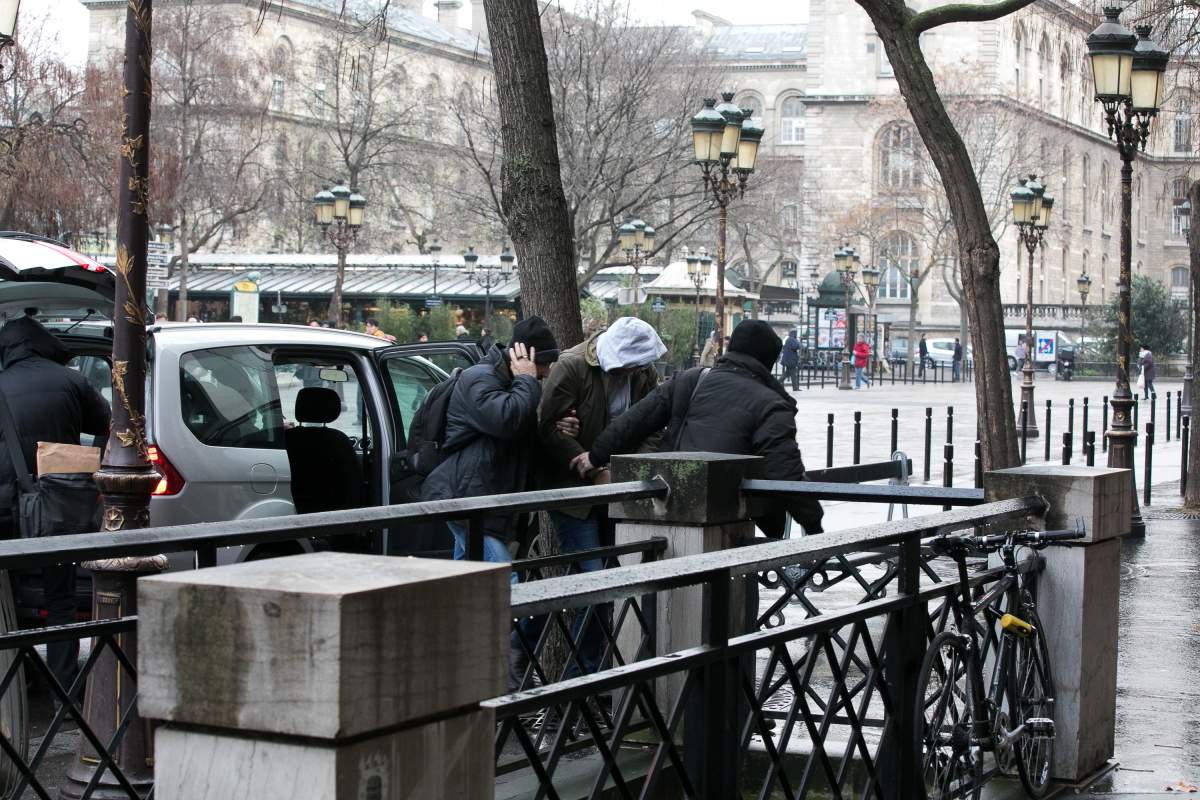 A suspect in Kim Kardashian West’s Paris robbery is brought to BRB building, Brigade de Repression du Banditisme (suppression of banditry brigade) on Jan. 9, 2017 in Paris, France. (Photo by Marc Piasecki/Getty Images)