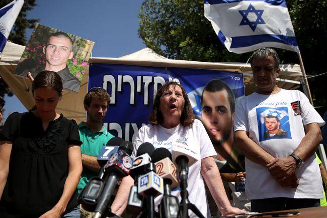 The mother of slain Israeli soldier Oron Shaul, who was killed in Gaza in 2014 and whose body was not recovered, speaks at a press conference in Jerusalem on June 29, 2016.