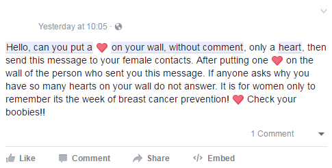 This message circulated on Facebook in an effort to promote breast cancer awareness in the week of Jan. 10, 2017.