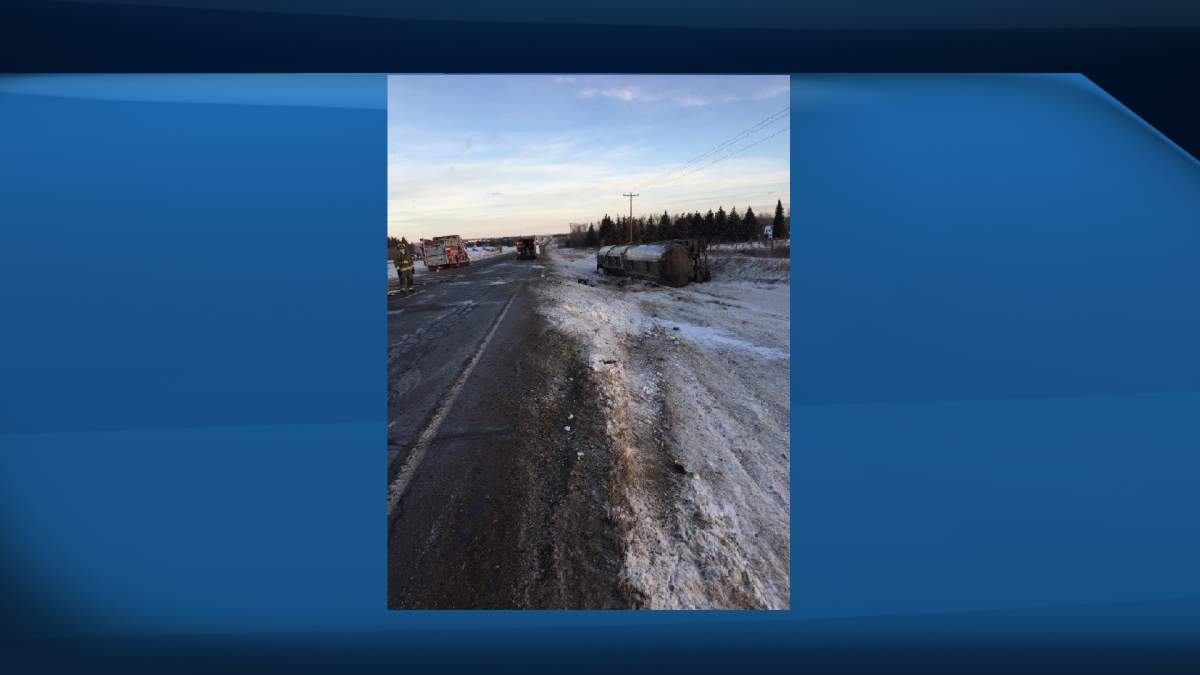 A fuel tanker went off the road and crashed into the ditch on Highway 43 just north of Highway 633 near Onoway, Alta., causing fuel to spill and sending the driver to hospital with minor injuries. January 15, 2017.