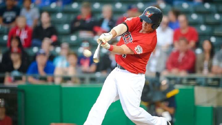 Winnipeg Goldeyes first baseman Jacob Rogers takes a swing on June 29, 2016.