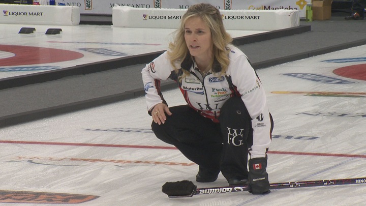 Jennifer Jones reacts after delivering a shot during the seventh draw the 2017 Manitoba Scotties Tournament Of Hearts.