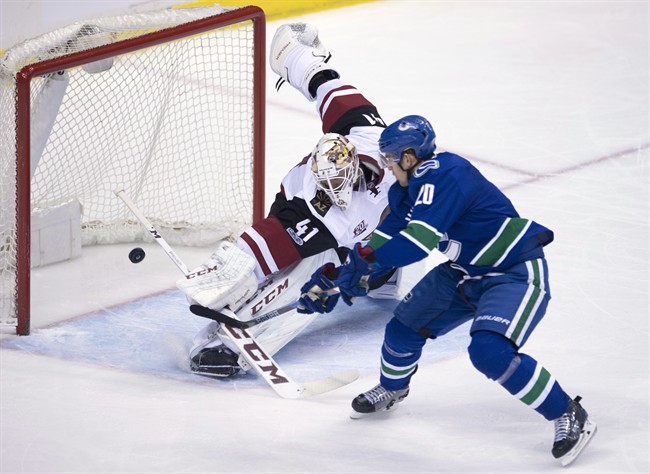 Vancouver Canucks centre Brandon Sutter (20) scores on Arizona Coyotes goalie Mike Smith (41) during a penalty shot during third period NHL action in Vancouver, B.C. Wednesday, Jan. 4, 2017. 