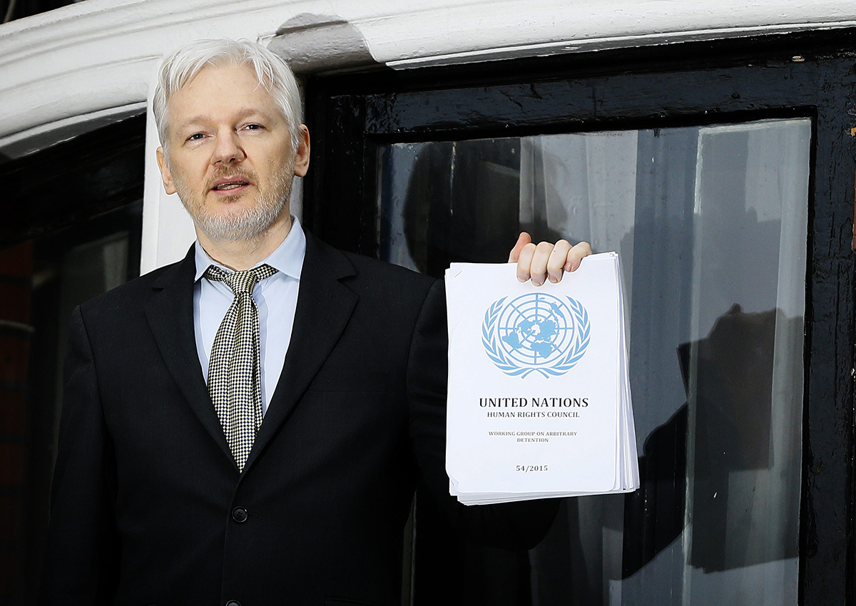 In this Feb. 5, 2016 file photo, WikiLeaks founder Julian Assange speaks on the balcony of the Ecuadorean Embassy in London.