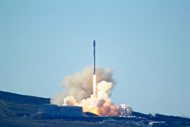 Space-X's Falcon 9 rocket with 10 satellites launches at Vandenberg Air Force Base, Calif. on Saturday, Jan. 14, 2017.
