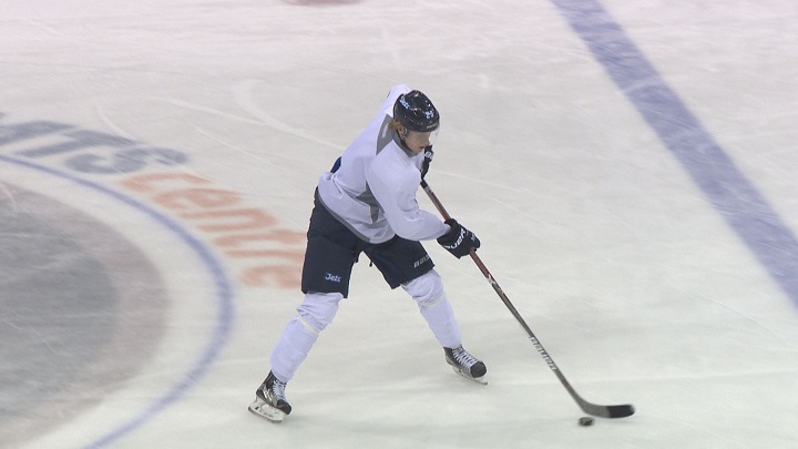 Patrik Laine skates without a non-contact jersey during Sunday's practice at MTS Centre.