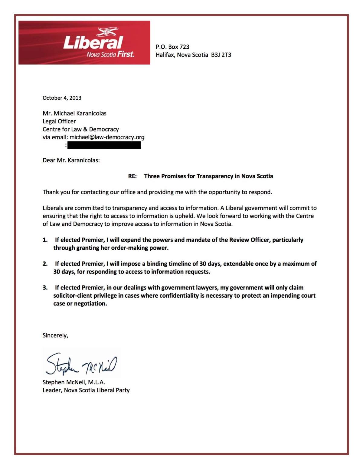 The letter Michael Karanicolas said he received from Stephen McNeil before he became premier. (The image has been redacted to remove an email account listed.)