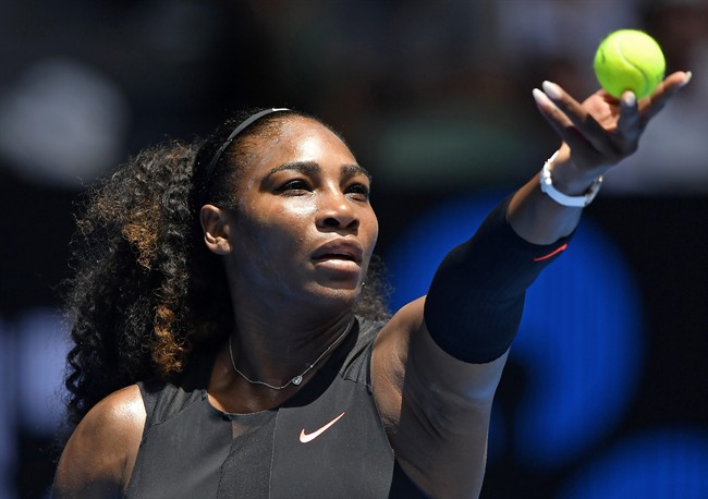 In this 2017 file photo, United States' Serena Williams prepares to serve to Switzerland's Belinda Bencic during their first round match at the Australian Open tennis championships in Melbourne. Tennis Canada announced the tennis star will not be playing in the Roger's Cup. Saturday, August 4, 2018.