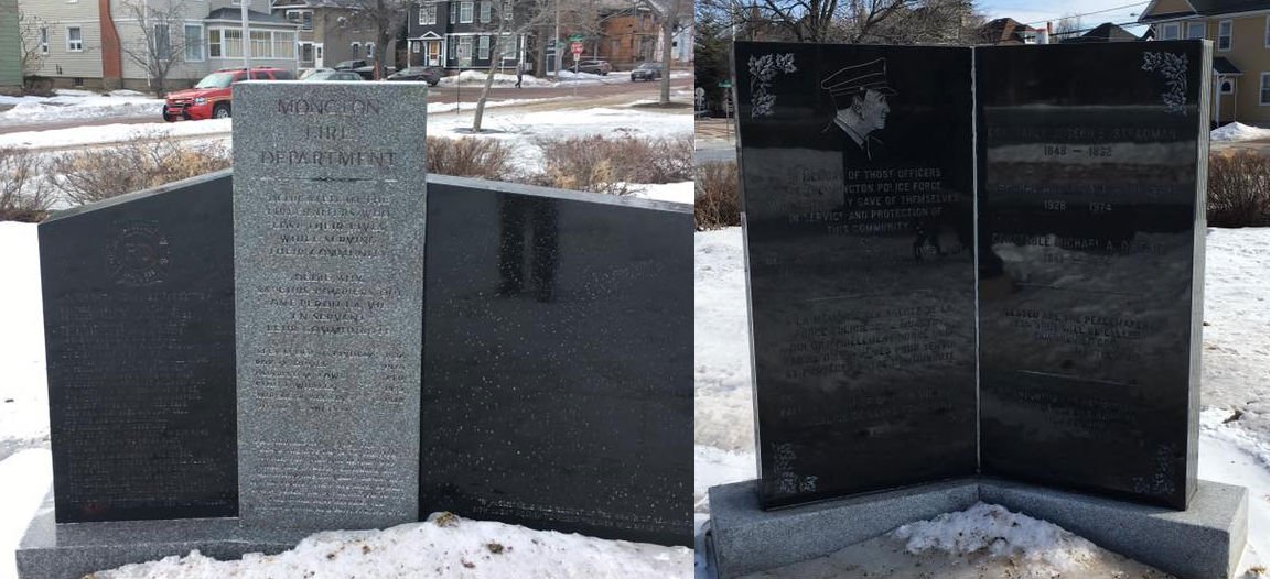The International Association of Fire Fighters memorial, left, and the Moncton Police Force memorial are pictured on Monday, Jan. 30, 2017 after being pressure washed. RCMP said the two memorials had been vandalized. (Credit: IAFF Local 999 Moncton Firefighters Association/Facebook)