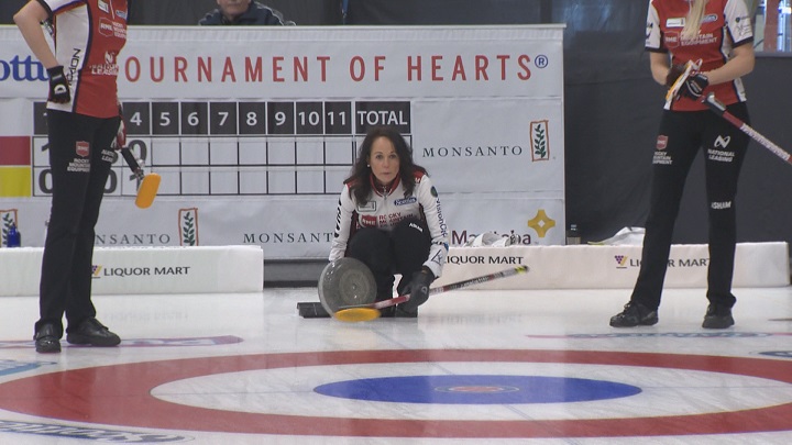 Michelle Englot prepares for a shot during Friday morning's draw at the 2017 Scotties Tournament of Hearts.