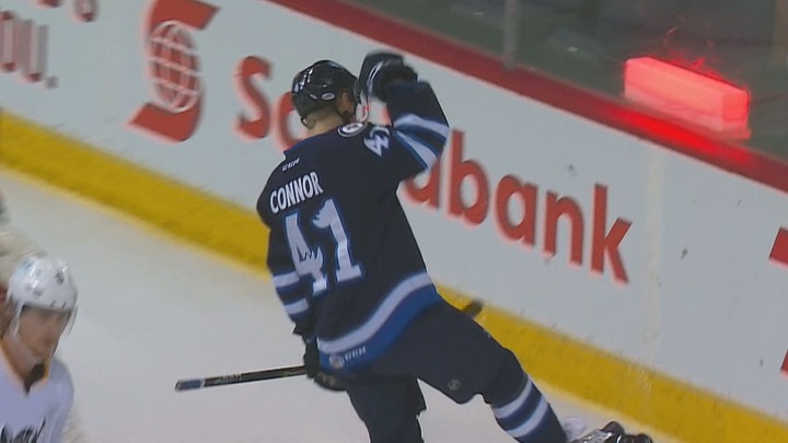 Manitoba Moose forward Kyle Connor celebrates his second period goal against the Chicago Wolves.