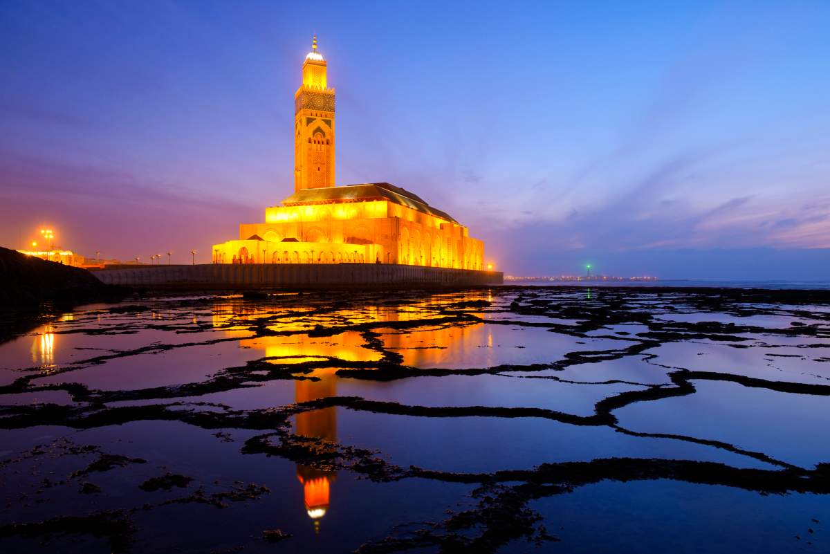 Hassan II Mosque at night, Morocco.