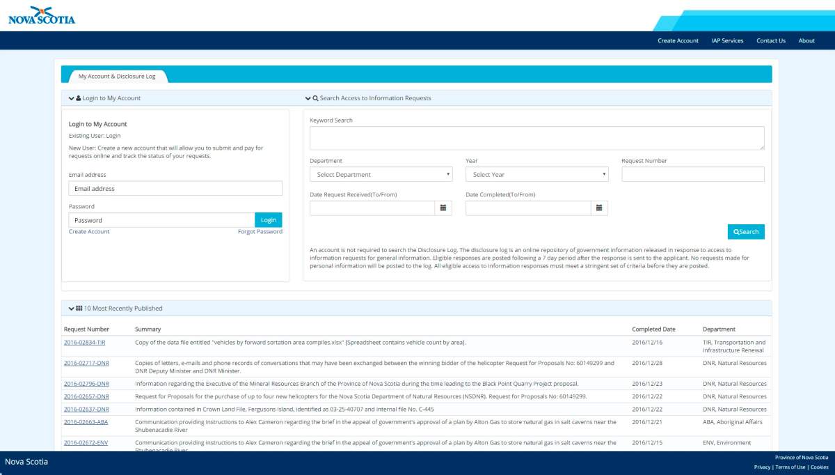 Nova Scotia's government launched a website on Jan. 6, 2017, to submit Freedom of Information and Protection of Privacy Act requests and receive responses.