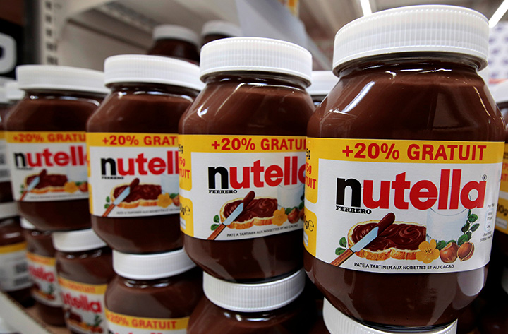 Jars of Nutella chocolate-hazelnut paste are displayed at a Carrefour hypermarket in Nice, France, April 6, 2016. 