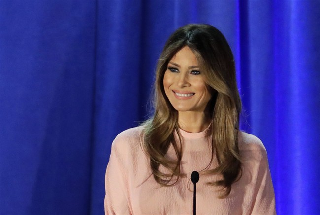 In this Nov. 3, 2016 file photo, Melania Trump, wife of then-Republican presidential candidate Donald Trump, speaks in Berwyn, Pa.
