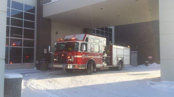 A firetruck on scene at the Calgary airport’s North Cariboo Air hangar Monday morning Jan. 9, 2017.