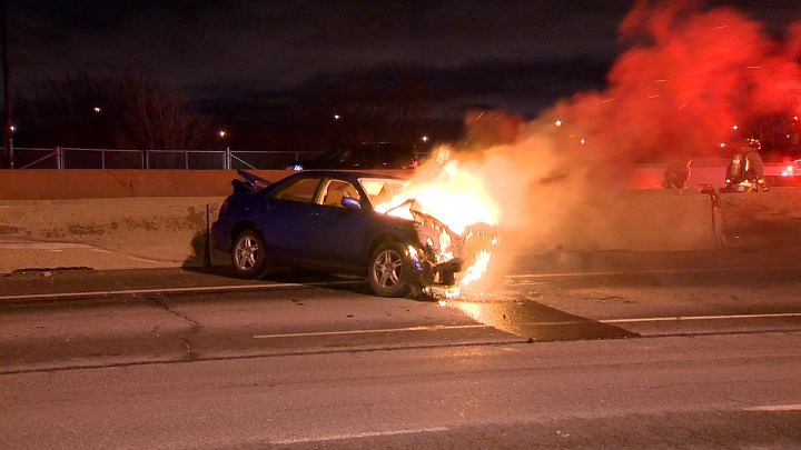 Car that was involved in a multi-vehicle crash on the westbound Gardiner early Sunday morning.