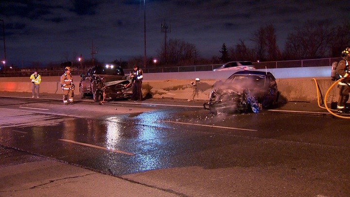 Toronto firefighters and police investigate a multi-vehicle crash on westbound Gardiner early Sunday.