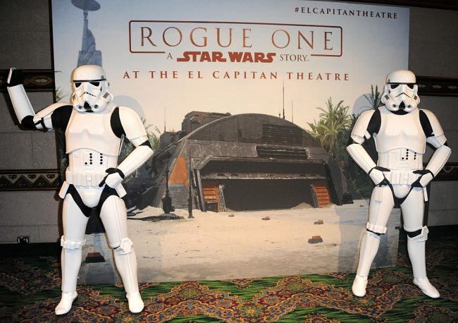 Storm Troopers pose at the opening night celebration of 'Rogue One: A Star Wars Story' at El Capitan Theatre in Hollywood, California, Dec. 15, 2016.