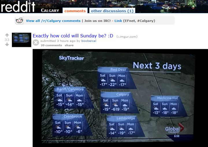 A Reddit post from Jan. 6 making fun of a Global Calgary weather error.
