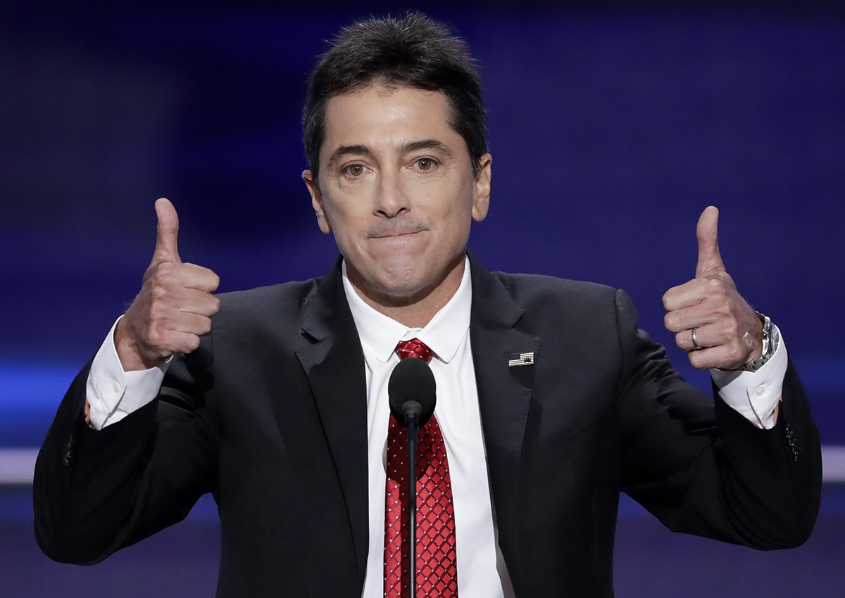 In this July 18, 2016 file photo, actor Scott Baio gives two thumbs up after addressing the delegates during the opening day of the Republican National Convention in Cleveland. 