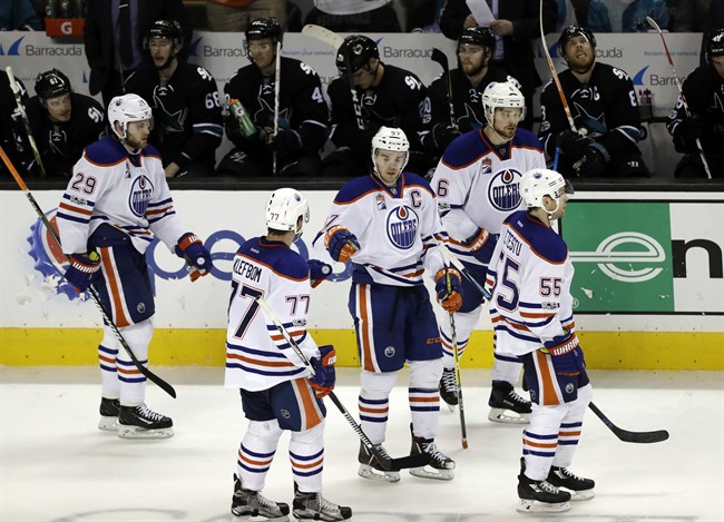 Edmonton Oilers' Connor McDavid (97) celebrates his goal with teammates during the third period of an NHL hockey game against the San Jose Sharks Thursday, Jan. 26, 2017, in San Jose, Calif. Edmonton won 4-1.