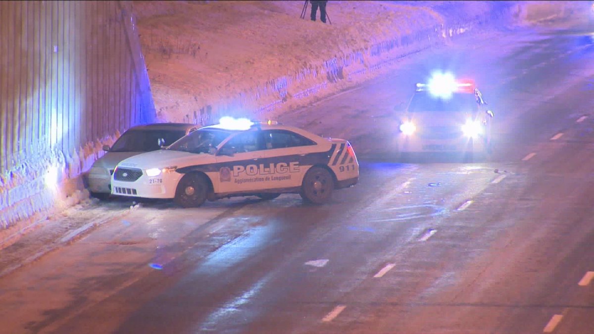 Officers were attempting to intercept a vehicle on Highway 116 in Saint-Hubert when the suspect fled and hit the police cruiser. Friday, Jan. 6, 2017.