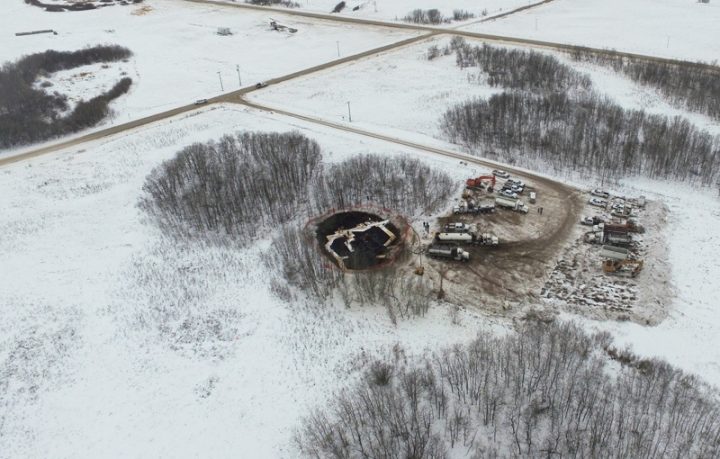 An aerial view of the200,000-litre pipeline oil spill on the Ocean Man First Nation as seen on Jan. 23.