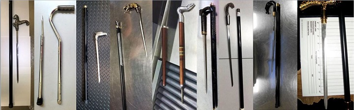 Some examples of cane swords that were discovered last year in carry-on property. (Handout/TSA)